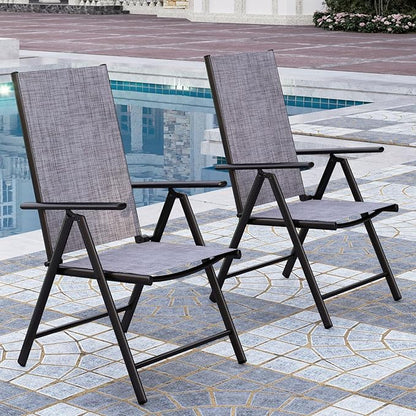 PHI VILLA Outdoor Patio Folding Chairs Set of 2, Portable Patio Dining Chairs with Adjustable Backrest for Outside, Garden, Lawn & Yard, No Assembly, Grey