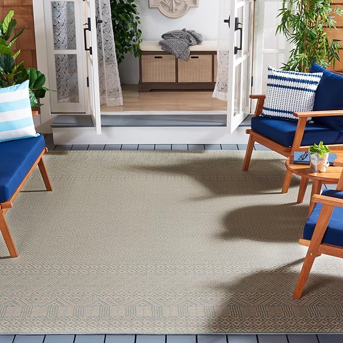 SAFAVIEH Washable Rug Outdoor Courtyard Collection - 9' x 12', Beige & Aqua Blue, Non-Shedding & Easy Cleaning, Ideal for Patio, Backyard, Mudroom (CY6235-21312)