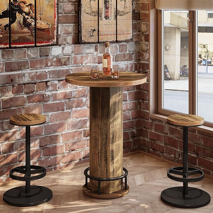 Tribesigns Round Commercial Dining Table Set of 4, 23.6" Heavy Duty Bar Table with Chairs, Wooden Kitchen Table for Restaurant, Cafe, Bakery, Apartment, Rustic Brown & Black