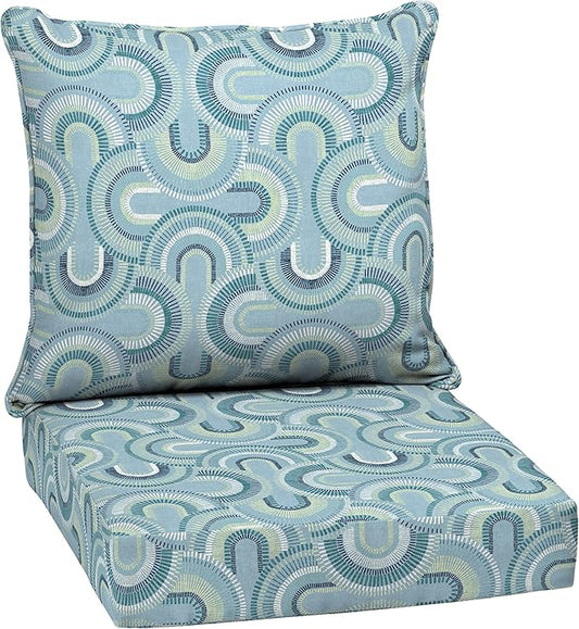 Arden Outdoor Deep Seat Cushion Set, 24 in x 24 in, Weather-Proof, Rain-Proof, Fade Resistant Patio Cushion for Chair, Sofa, and Couch Coastal Blue Geometric