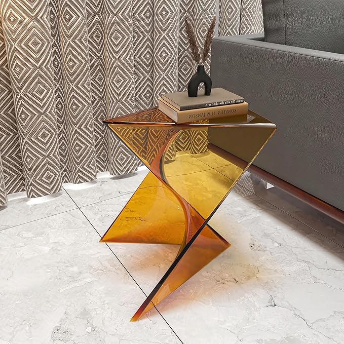 LeisureMod 15.75" Stackable Weather-Resistant Plastic Triangular Side Table - Accent End Table for Indoor & Outdoor Use (Transparent Tea, Set of 2)