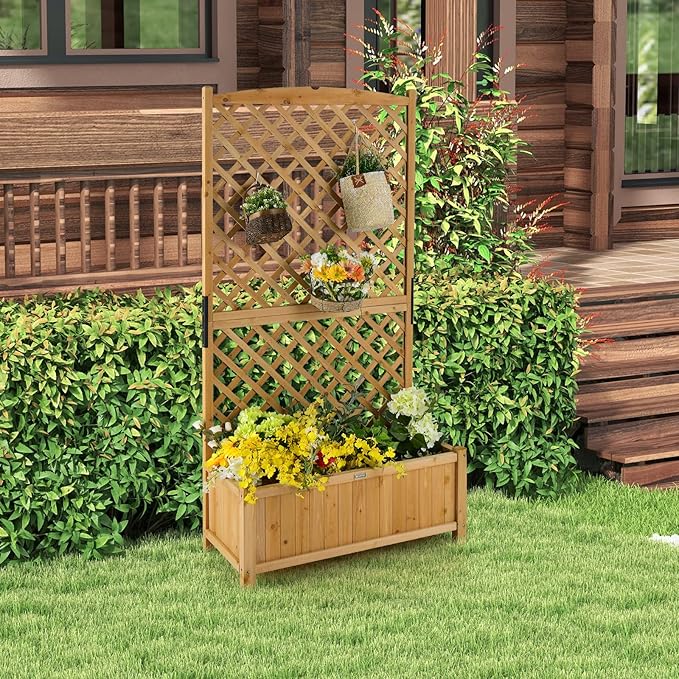 Giantex Planter Raised Bed with Trellis, 71" Wooden Garden Bed, High Trellis for Vine Plant Flower Climbing Pot Hanging, Indoor & Outdoor Planter Box for Yard, Garden, Balcony
