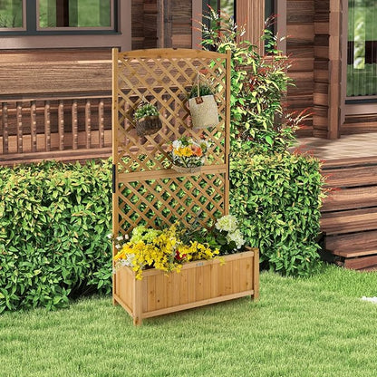 Giantex Planter Raised Bed with Trellis, 71" Wooden Garden Bed, High Trellis for Vine Plant Flower Climbing Pot Hanging, Indoor & Outdoor Planter Box for Yard, Garden, Balcony
