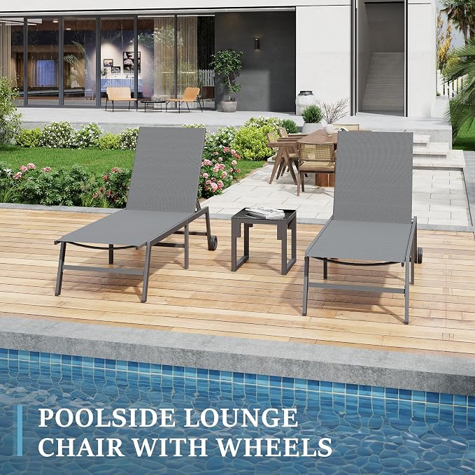 UDPATIO 3 PCS Patio Lounge Chair Outdoor Chaise Lounges with Wheels & Side Table 5-Position Reclining Rust Free Patio Chairs for Poolside Backyard Garden Deck Beach