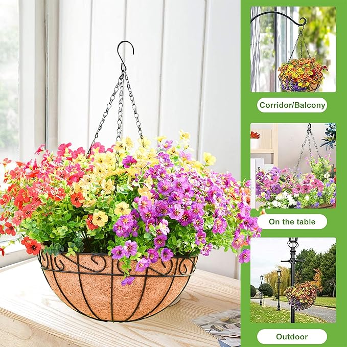 4 Pack 14 Inch Metal Hanging Planter Basket，Natural Round Coconut Hanging Plant Flower Pot，Coconut Coir Planter for Hanging Basket Flowers/Vegetables Home Garden Patio Decoration Flower