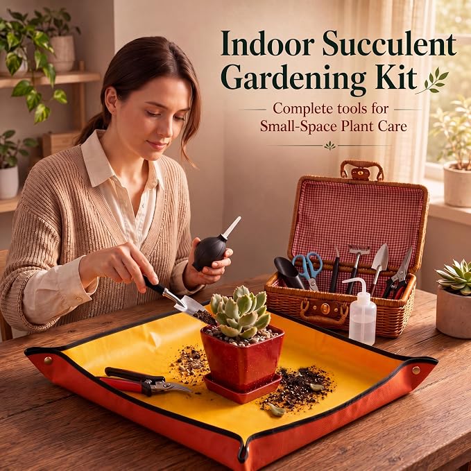 Bonsai & Indoor Plant Tool Set for Beginners, Plant Repotting Kit with Gardening Tools, Repotting Mat, Wicker Basket, Mini Pots & Indoor Gardening Gift for Women & Men