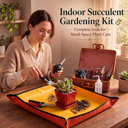 Bonsai & Indoor Plant Tool Set for Beginners, Plant Repotting Kit with Gardening Tools, Repotting Mat, Wicker Basket, Mini Pots & Indoor Gardening Gift for Women & Men