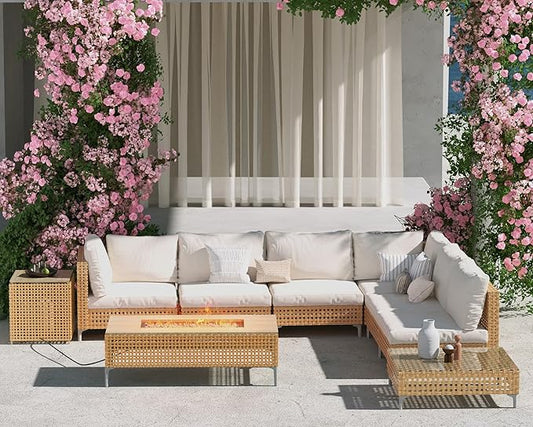 Grand patio 9-Piece Patio Furniture Set with 47" Fire Pit Table, Outdoor Conversation Set & 50,000 BTU 47 Inch Rectangle Propane Fire Pit & Storage Box with Water Resistant Thick Cushions, Cream