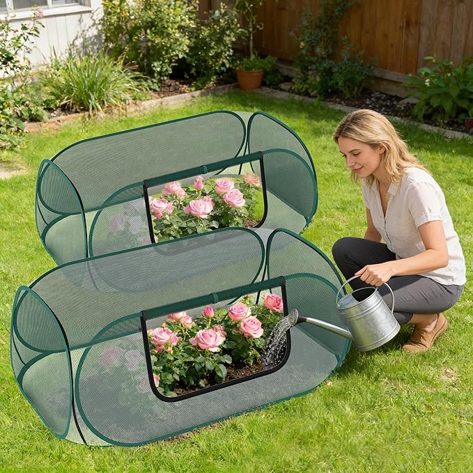 2-Pack Raised Garden Bed Covers, 45" x 22" x 17" Mesh Crop Cage, Pop-Up Plants Cover with 30% Shade Cloth for Seedlings Vegetables Fruits Flowers, Protects Against Birds Animals Pests with 16 Stakes