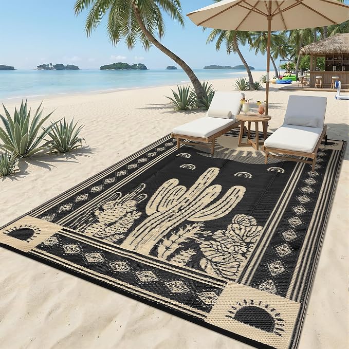 Garvee Reversible Cactus Outdoor Rug 8x10 for Patio, Waterproof Outdoor Area Rug, Modern Desert Botanical Indoor Outdoor Rugs, Plastic Straw Rug for RV, Camping, Deck, Black & Brown