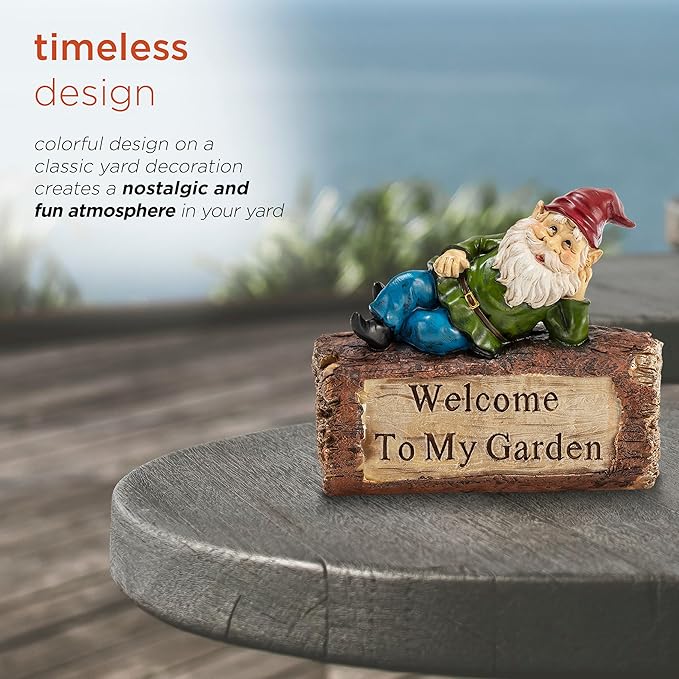 Alpine Corporation 9" Tall Outdoor Garden Gnome and Welcome Sign Yard Statue Decoration, Multicolor