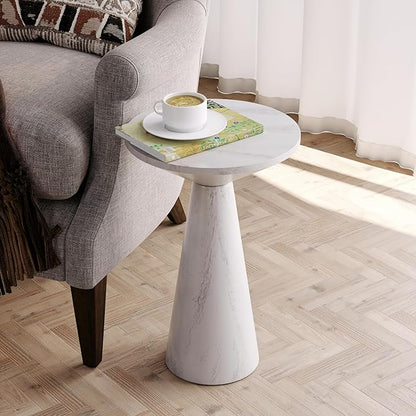 COZAYH Modern Pedestal End Table Round Wood Martini Table, Plant Stand Drink Table for Small Spaces, White Marble Colour