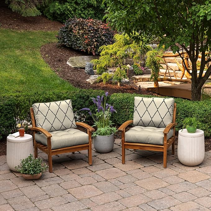Arden Outdoor Plush Modern Tufted Blowfill Deep Seat Set, 24 x 24, Rain-Proof, Fade Resistant, Deep Seat Bottom and Back Cushion, Tan Diamond Trellis