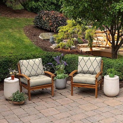 Arden Outdoor Plush Modern Tufted Blowfill Deep Seat Set, 24 x 24, Rain-Proof, Fade Resistant, Deep Seat Bottom and Back Cushion, Tan Diamond Trellis