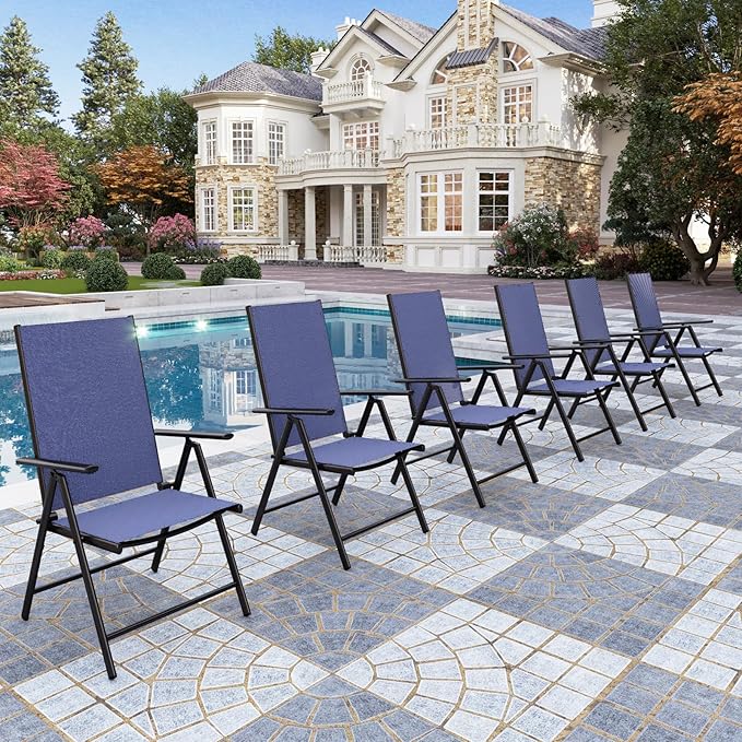 PHI VILLA Outdoor Patio Folding Chairs Set of 6, Portable Patio Dining Chairs with Adjustable Backrest for Outside, Garden, Lawn & Yard, No Assembly, Blue