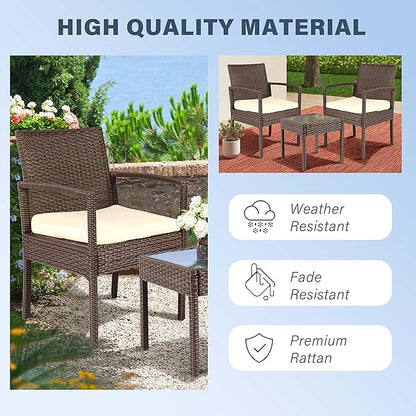 3 Piece Outdoor Patio Furniture Sets, Rattan Conversation Set with Soft Cushion, Wicker Chairs with Coffee Table for Yard Backyard Lawn Porch Poolside Balcony, Beige