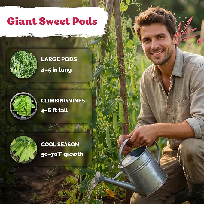 KVITER 100 Mammoth Melting Snow Pea Seeds (Pisum Sativum) - Mammoth Melting Sugar Snow Pea, Large Sweet Pods, Non GMO Seed Packets - Heirloom Vegetable Seeds for Home Garden, Raised Beds