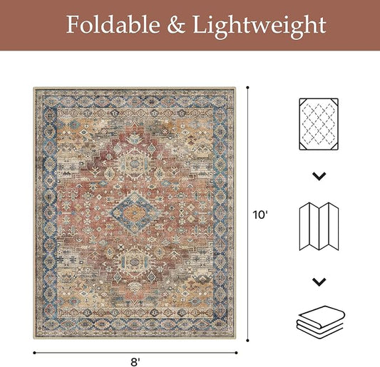 GENIMO Outdoor & Indoor Area Rug 8'x10', Waterproof, Non-Shedding, Easy Cleaning, Boho Mat for Patio, Living Room, Balcony, Dining Room, RV, Deck, Bedroom, Camping, Outside Carpet,Antique Red