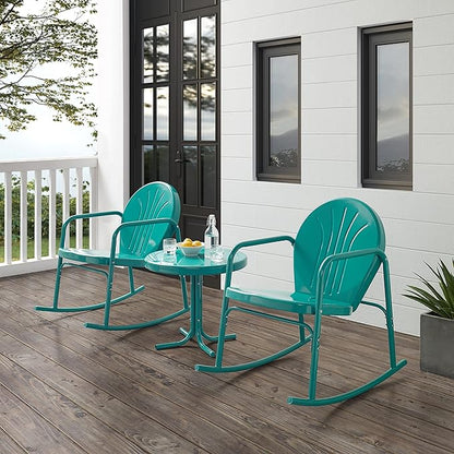 Crosley Furniture Griffith 3-Piece Outdoor Rocking Chair and Side Table Set, Retro Metal Bistro Patio Sets, Turquoise Gloss