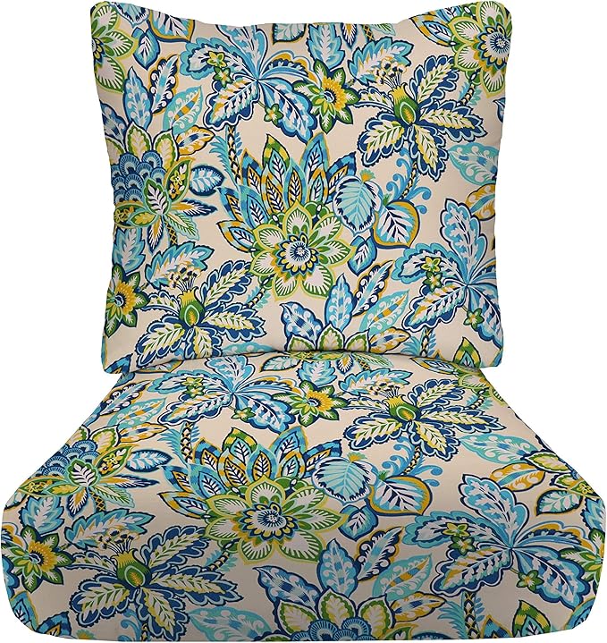 RSH DECOR Deep Seating Cushion with Pillow Back | 24” x 26” Seat | Water and Fade-Resistant Spun Fabric | Outdoor Chair Cushion Set for Patio Furniture | Copeland Caribe Blue