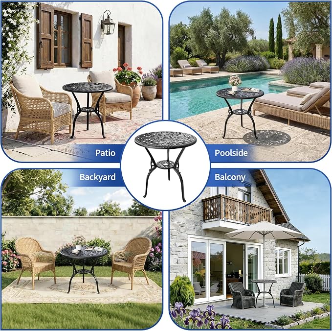 IDEALHOUSE Patio 23''Cast Aluminum Side Table with Umbrella Hole,Outdoor Small Coffee Tables,Anti-Rust Bistro Table,Round End Table,Outdoor Furniture for Indoor,Patio,Garden,Porch,Balcony(Retro Black)