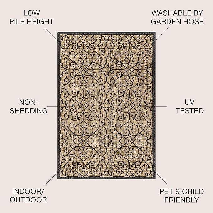 JONATHAN Y Vintage Filigree Indoor Outdoor Area Rug 4X6 Black/Khaki, Madrid Textured Weave for Backyard, Patio, Porch, Easy-Cleaning, High Traffic, Pet-Friendly, Non-Shedding (SMB107A-4)