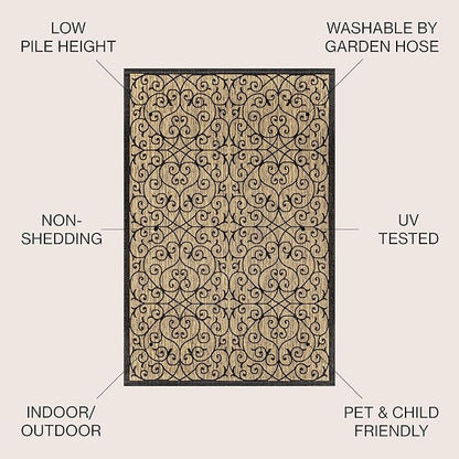 JONATHAN Y Vintage Filigree Indoor Outdoor Area Rug 4X6 Black/Khaki, Madrid Textured Weave for Backyard, Patio, Porch, Easy-Cleaning, High Traffic, Pet-Friendly, Non-Shedding (SMB107A-4)