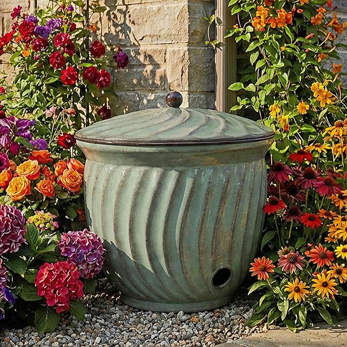 Sunnydaze Metal Garden Hose Holder Pot with Lid - UV-Resistant 145-Foot Garden Hose Pot for Outside - Sage Glaze Finish