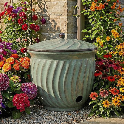 Sunnydaze Metal Garden Hose Holder Pot with Lid - UV-Resistant 145-Foot Garden Hose Pot for Outside - Sage Glaze Finish