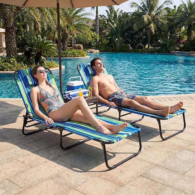 Giantex Tanning Chair, Folding Beach Chair, Adjustable Patio Lounge Chair with Face Hole, Removable Pillows, Carry Strap, Layout Chair, Set of 2 Outdoor Chaise Lounger for Poolside Yard Lawn