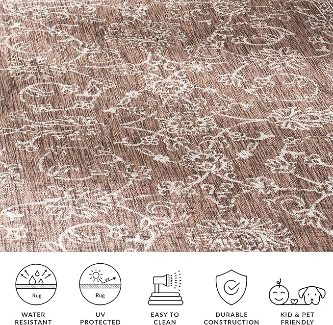 SAFAVIEH Washable Rug Outdoor Courtyard Collection - 5'3" Square, Brown & Ivory, Non-Shedding & Easy Cleaning, Ideal for Patio, Backyard, Mudroom (CY8680-36321)
