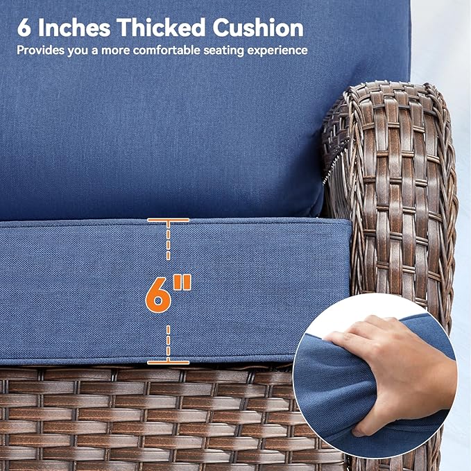 Luxury 6" Outdoor Cushions for Patio Furniture, 24x24x6" Thick Seat Cushion Set of 6, Fade Resistant Couch Chair Replacement Cushions High Density Deep Wicker Chair Cushion w/ Removable Cover, Blue