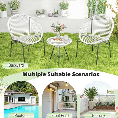 COSTWAY 3-Piece Outdoor Acapulco Chair Set, Wicker Conversation Bistro Sets with Plastic Rope, Glass Top Table, Patio Rattan Furniture Set for Garden, Balcony, Lawn, Backyard, Apartment, White