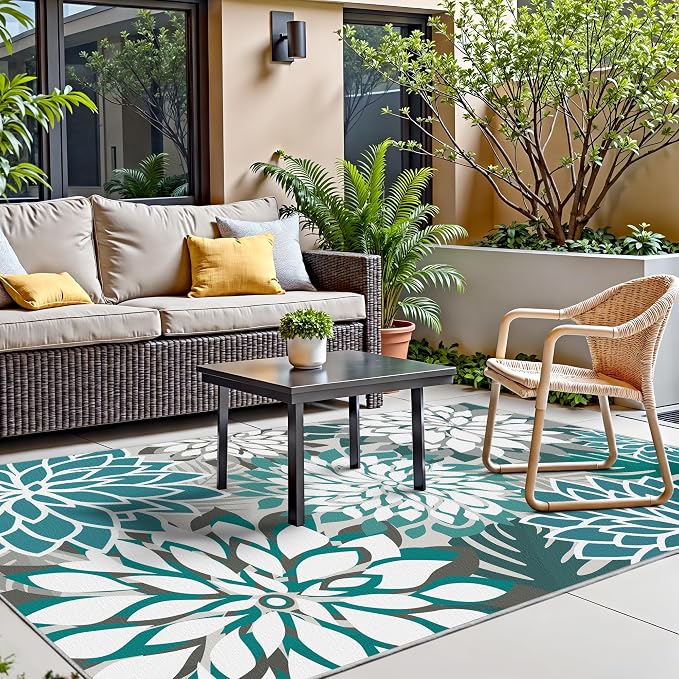 Colorful 9x12 Outdoor Area Rug Washable Multicolored Patio Rug Tropical Botanical Floral Chenille Waterproof Outdoor Carpet Non-Slip for Deck, Backyard, Porch, Teal
