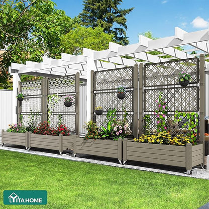 YITAHOME 3.6x1.5x5 FT Planter Box Trellis with Wheels, Large Outdoor Plastic Raised Garden Bed with Drain Plug for Climbing Plants, Light Brown