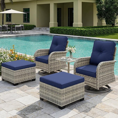 5-Piece Small Patio Furniture Set, Outdoor Swivel Rocking Chairs Set with Ottomans, Patio Bistro Set for Balcony, Deck, Porch, Navy Blue