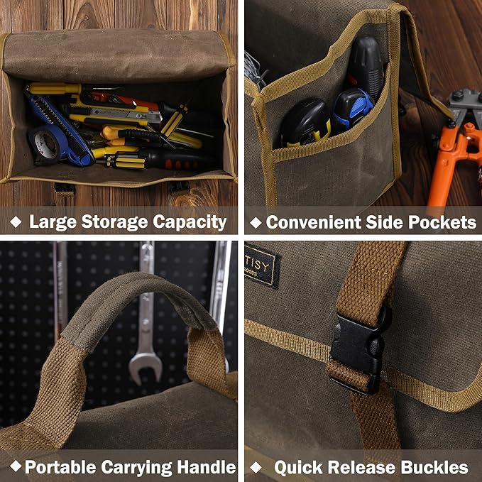 Canvas Tool Storage Bag - Portable Garden Tool Carrying Case with 3 Pockets + 2 Release Buckles, Multi-Purpose 16OZ Waxed Canvas Tool Tote Bag | 11.5"L x 6"W x 7.5"H | Grey