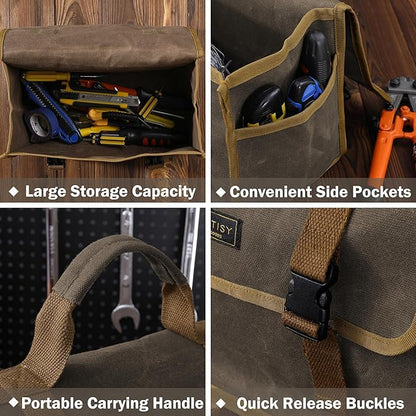 Canvas Tool Storage Bag - Portable Garden Tool Carrying Case with 3 Pockets + 2 Release Buckles, Multi-Purpose 16OZ Waxed Canvas Tool Tote Bag | 11.5"L x 6"W x 7.5"H | Grey