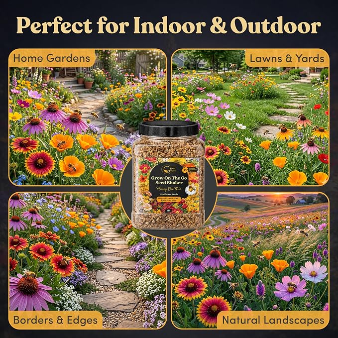 Bulk Wildflower Seed Mix – Honey Bee Wildflower Seed Mix 1 Pound Tub by GevaGrow | Bulk 300,000+ Seed Tub | 19 Variety Flower Seeds for Planting in Pots & Outdoor Gardens | No Messy Bags or Packets |