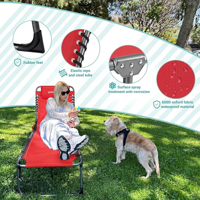 #WEJOY Outdoor Chaise Lounge Chairs, Portable Lounge Chairs for Outside, Adjustable Lightweight Beach Lounge Chair for for Adults, Patio, Pool, Lawn, Camping Tanning Chairs with Pillow, Red