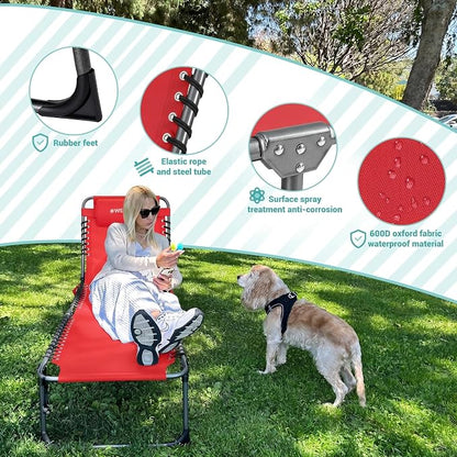 #WEJOY Outdoor Chaise Lounge Chairs, Portable Lounge Chairs for Outside, Adjustable Lightweight Beach Lounge Chair for for Adults, Patio, Pool, Lawn, Camping Tanning Chairs with Pillow, Red