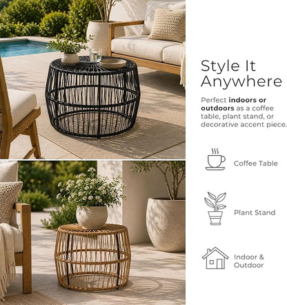 Furniture of America Ysar Boho Rattan Round Coffee Table Outdoor with Metal Frame, All-Weather and Rust Resistant, Handcrafted Coastal Furniture for Patio, Poolside, Garden, Yard, Black