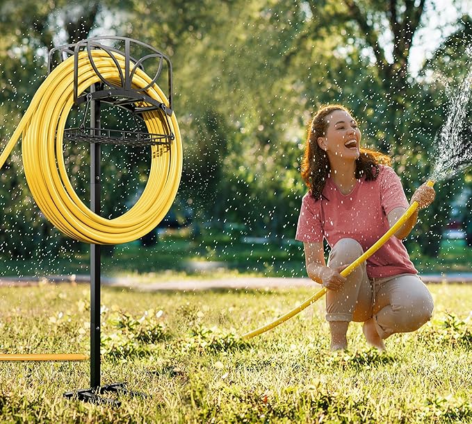 Fire Beauty Garden Hose Holder with Storage Basket,Heavy-Duty,80+ lb Capacity,Rust-Proof Stainless Steel,Organizes 150ft Hose for Patio&Yard,Leaf Design