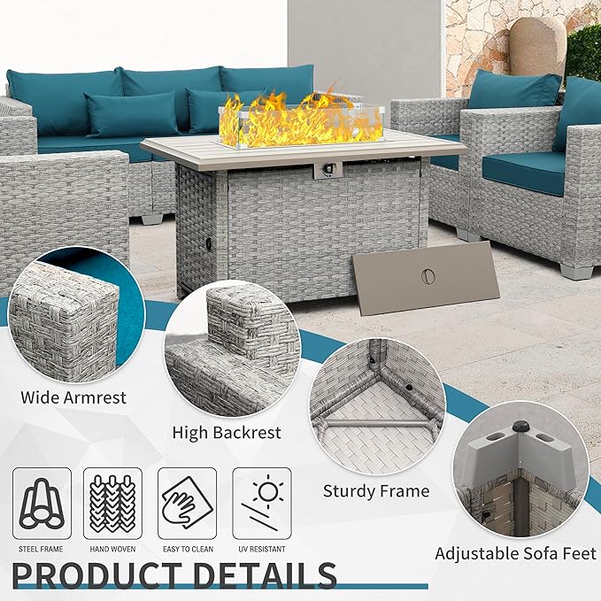 WAROOM Patio Furniture Set 5 Piece Grey Wicker Outdoor Furniture with Fire Pit Table, Patio Sectional Sofa Couch Sets Backyard Deep Seating PE Rattan Chairs, Peacock Blue Cushion