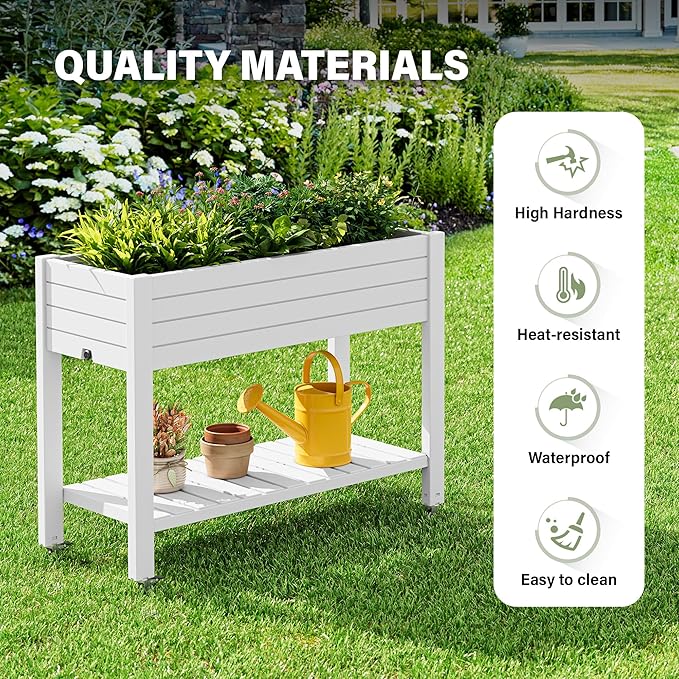 Raised Garden Bed with Wheels, Divisible Resin Planter Box with Drainage Gauge & Storage Shelf, Herb Planter for Garden Patio Backyard, White