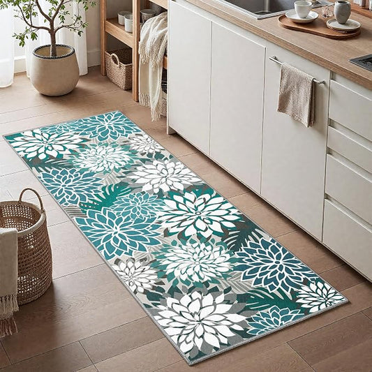 Colorful 2x6 Washable Runner Rug for Hallway Tropical Botanical Modern Floral Chenille Kitchen Rugs Low Pile Non Slip Carpet for Patio, Bedroom, Laundry, Teal