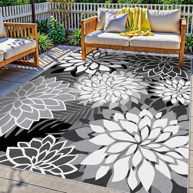 4x6 Outdoor Area Rug Washable Multicolored Patio Rug Tropical Botanical Floral Chenille Waterproof Outdoor Carpet for Living Room, Deck, Backyard, Porch, Black