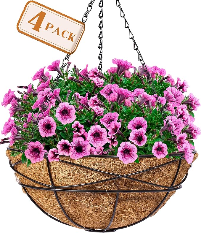 Sorbus 4 Pack Metal Hanging Planter Basket Huge 12 Inch Hanging Flower Pot Basket & Coco Coir Liner for Indoor/Outdoor Garden Décor, Perfect for Home, Garden, Patio, Deck (Black)