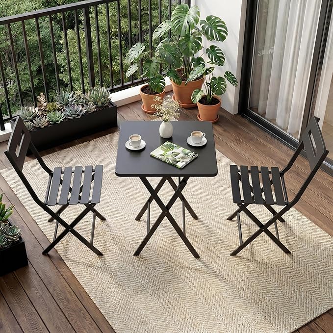 GarveeTech 3-Piece Folding Bistro Set, Heavy Duty Outdoor Patio Furniture with 2 Chairs & 1 Table, Weather-Resistant Steel Frame, No Assembly Required for Garden, Yard, Balcony,Black