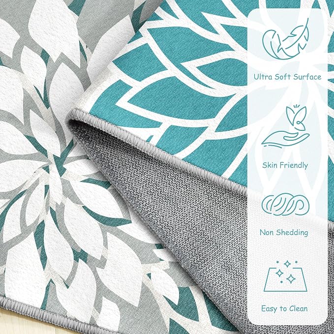 Arenarug 2x3 Colorful Washable Small Rug Tropical Botanical Modern Floral Indoor Chenille Door Mat Carpet Non Slip for Patio, Entry Way, Entrance, Porch, Teal